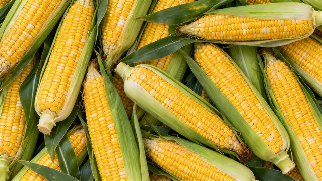 whole corns with partially open green husks background