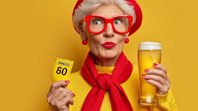 Senior woman with gray hair wearing red glasses and beret holds bingo card and beer glass, smiling against a bright yellow background in a playful setting
