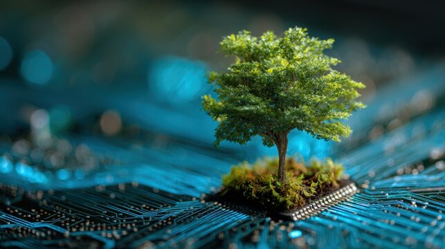 Tree with soil growing on the converging point of computer circuit board. Blue light and wireframe network background. Green Computing, Green Technology, Green IT, csr, and IT ethics Concept