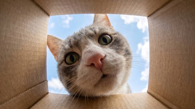 Cat looking into a cardboard box from above. Wide angle close-up with exaggerated nose and bright sky background.