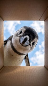 A penguin looks down into a box, shot with a wide-angle lens. Its large nose and gentle eyes are set against a blue sky.