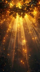Fototapeta premium Golden light filters through lush foliage, illuminated by twinkling fairy lights, creating a magical and ethereal forest scene.