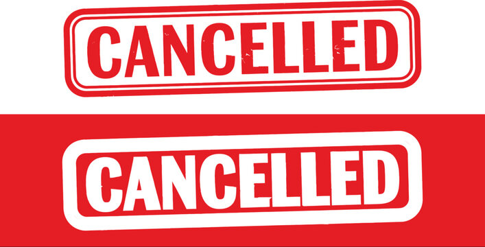 Bold red 'cancelled' stamp repeated twice on white and red backgrounds signifying rejection
