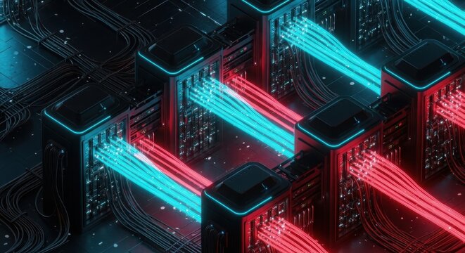 Futuristic server room with glowing neon lights and data streams in a digital network