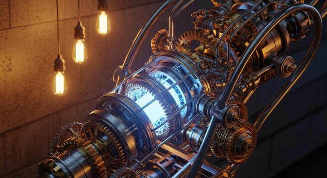 Intricate steampunk machine with glowing core and exposed gears against a textured wall