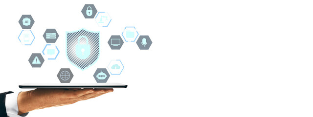 Digital shield with lock and tech icons floating above a hand-held tablet in clean graphic style on white background showing data protection concept © Who is Danny