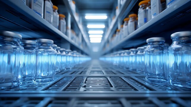 Cold chain vaccine storage concept, rows of vials in controlled temperature environment,