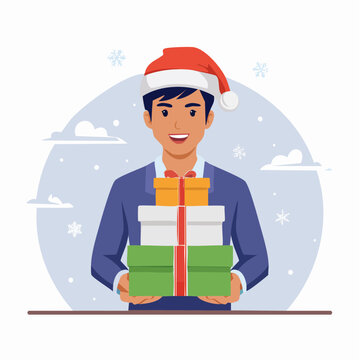 Man in Santa Hat Holding Stack of Christmas Gifts