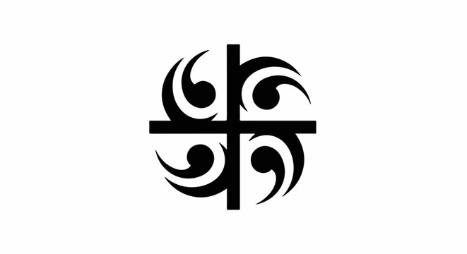 Black abstract symbol with four swirling elements around a central cross