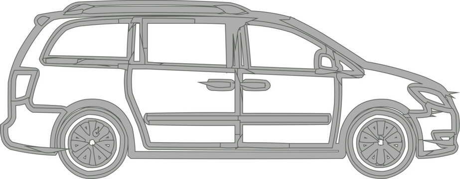 This image is a line drawing of a minivan. It shows the side profile of the vehicle with its doors, windows, wheels, and roof rails. The drawing is in grayscale and appears to be a generic representat