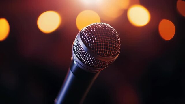 Professional microphone spotlight on stage with warm orange bokeh background, perfect for music concert, vocal performance, or live event photography