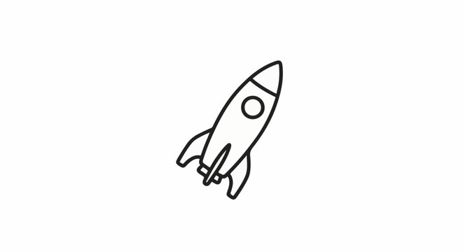 Minimalist line drawing of a rocket ship ascending against a white background