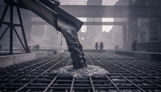 Wet liquid concrete pouring from a metal chute onto reinforcing steel bars for industrial development, architectural engineering and civil construction projects
