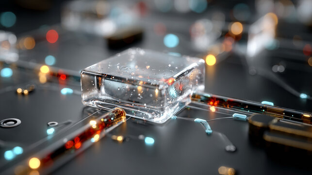 Microfluidic Lab-on-a-Chip Technology with Flowing Liquids, Biomedical Engineering, Nanotechnology Research, Scientific Innovation and Healthcare Visualization Concept 
