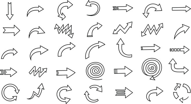 Collection of hand drawn arrow icons diverse directions and styles for visual communication