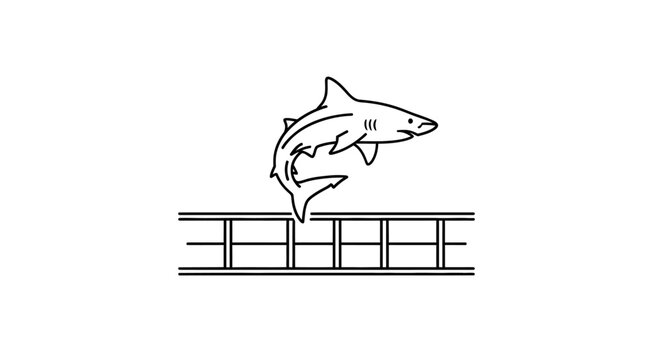 A black and white line drawing of a shark jumping over a fence.