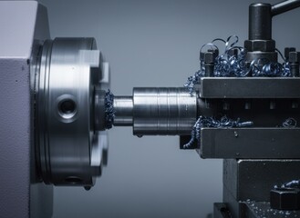 Fototapeta premium Metal lathe machine carving a cylindrical workpiece with blue swarf and coolant fluid for precision engineering catalog, industrial manufacturing and technical blog