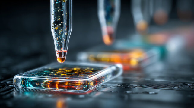 Microfluidics Lab-on-a-Chip Technology with Flowing Liquids in Micro Channels, Advanced Biomedical Engineering, Nanotechnology Research, Futuristic Scientific Innovation Concept 