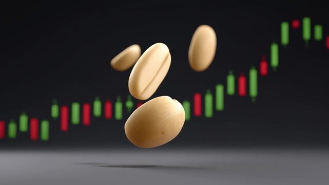Extreme volatility in coffee market with floating coffee bean and stock chart showing market bean stock chart volatility trends