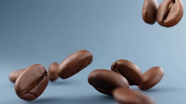 Extreme volatility captured in close up with floating roasted coffee beans, rich brown aroma and smooth texture on blue background