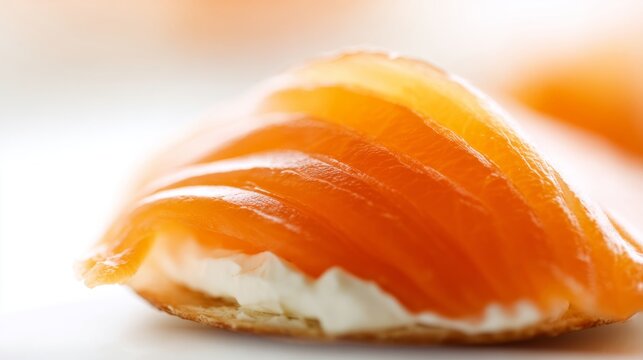 bagel. Single slice of orange-pink smoked salmon on cream cheese and bagel. menu design, packaging mockups, designed for food delivery and cloud-kitchen brand materials, used by curriculum designers.
