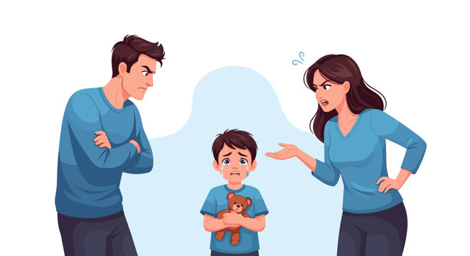 Parents arguing while child stands between them, flat style illustration of family tension and emotional stress in parenting situation