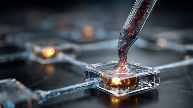 Microfluidics Lab-on-a-Chip Technology with Flowing Liquids in Micro Channels, Advanced Biomedical Engineering, Nanotechnology Research, Futuristic Scientific Innovation Concept 