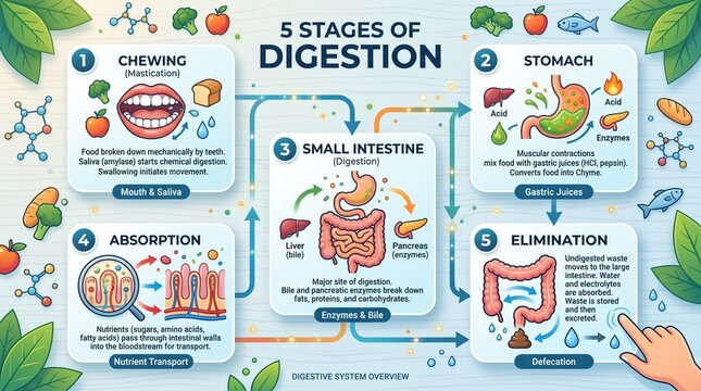 Infographic illustrating the five stages of human digestion process  