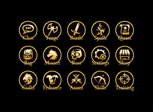Golden fantasy RPG game icons pack, elegant round UI symbols for battle, guild, shop, and settings interface design.