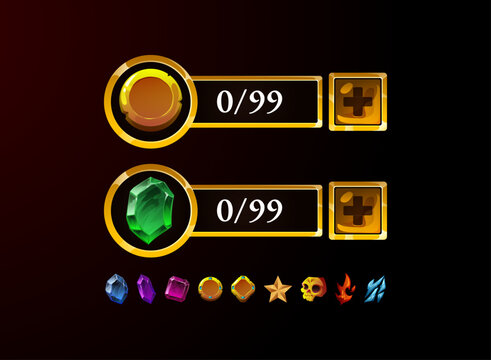 Fantasy RPG inventory bar UI, golden interface with crystal gems and collectible icons, elegant game counter and status design for adventure layout.