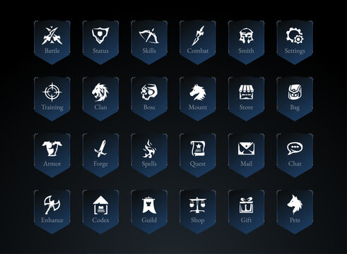 Fantasy RPG game icons banner set, elegant dark blue UI symbols for battle, skills, quests, shop, and clan interface design.