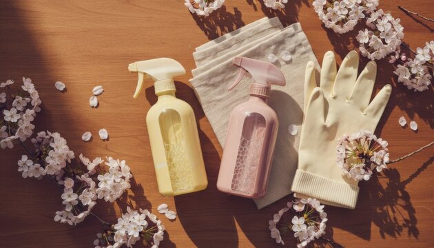 High angle view of spring cleaning products and cherry blossoms on a wooden surface for seasonal website headers, household chores articles and organic lifestyle blogs