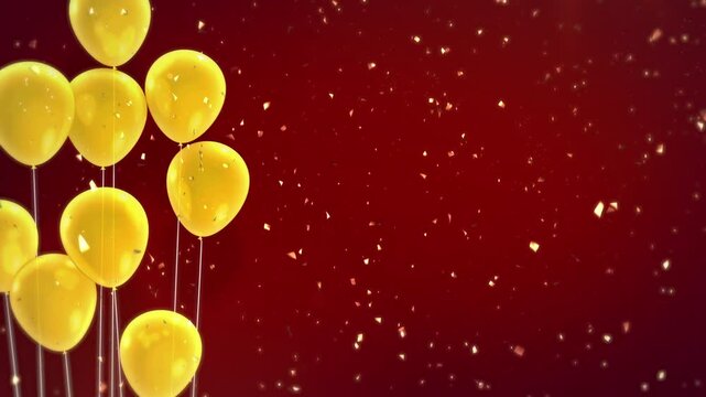 A CG animated video featuring a red background, silver and gold confetti fluttering, and yellow balloons. (Color images from China, Vietnam, North Macedonia, Kyrgyzstan, and Spain)