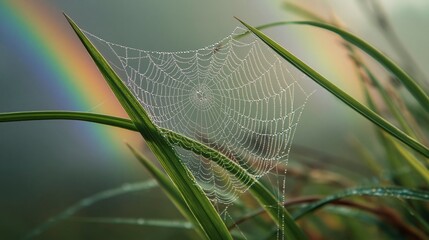 Naklejka premium Spider web with dew drops and rainbow