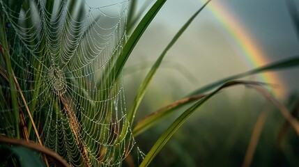 Naklejka premium Spider web with dew drops and rainbow