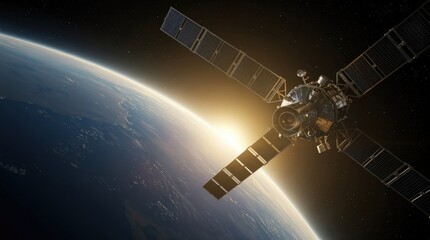 Fototapeta premium A satellite orbits Earth with the sun rising over the planet