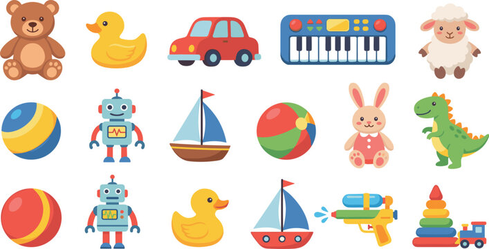 Colorful baby toys icon set with teddy bear rubber duck car piano sheep ball robot sailboat bunny dinosaur water gun and blocks for kids nursery design vector.