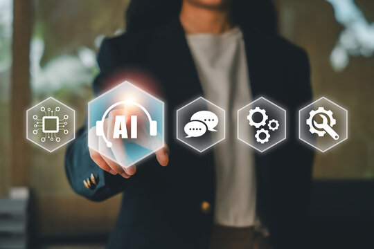 Professional woman using a digital interface with AI and technology icons, symbolizing innovation and communication.