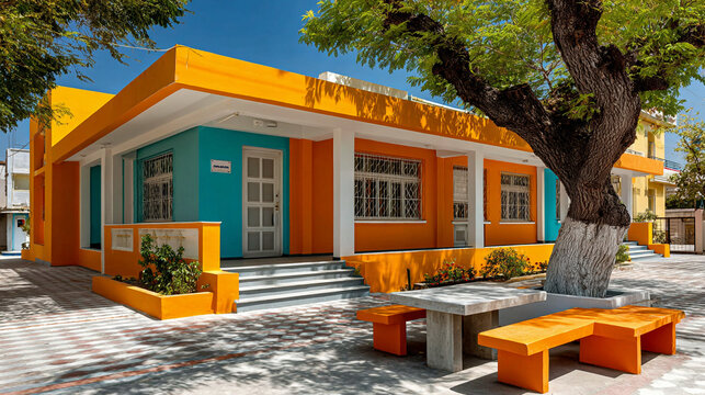 Primary school buildings colorful exteriors playful architecture small classrooms creative learning environments outdoor activity zones safe durable design 