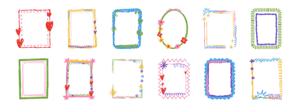 Crayon frame childlike hand drawn border set. Kindergarten chalk texture, doodle scribble box, cute for child childish day. 
