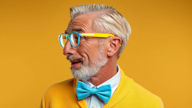 Elderly Caucasian man with stylish glasses and a yellow sweater smiles and poses in front of a bright yellow background, showcasing his playful personality and vibrant attire