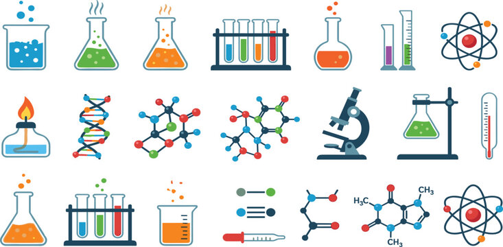 Comprehensive chemistry laboratory equipment vector illustration set featuring colorful flasks beakers molecular structures atoms and microscope for scientific research and education,