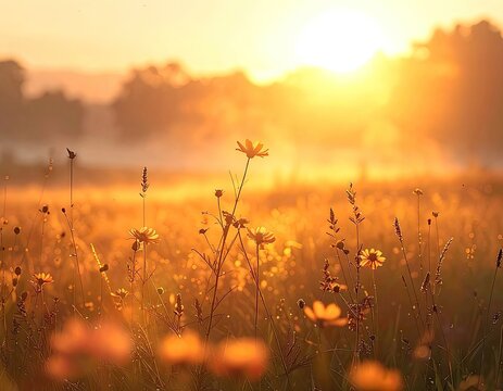 A serene landscape captures a golden sunset over a field of wildflowers, creating a warm and peaceful atmosphere.