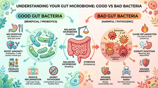Understanding Gut Microbiome: Good vs Bad Bacteria Infographic  