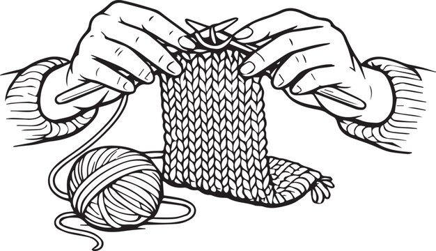 Minimal black and white line art of female hands knitting a scarf with needles. Hand drawn illustration isolated on transparent background, perfect for handmade craft design, hobby projects, decor.