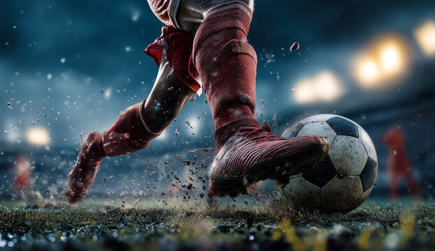 Escena din&aacute;mica de f&uacute;tbol que captura la intensidad, el movimiento, la competici&oacute;n y el poderoso momento de golpear el bal&oacute;n. Un jugador patea un bal&oacute;n embarrado sobre c&eacute;sped, con las luces