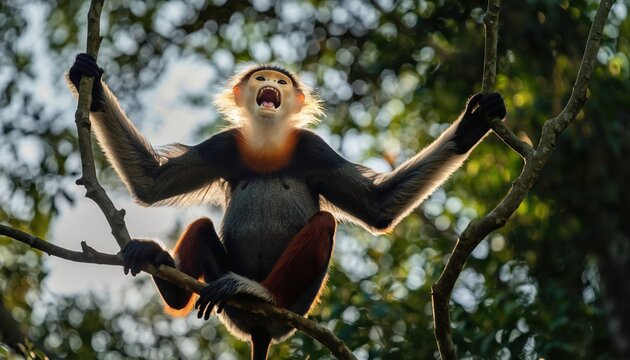 Red-shanked Douc Langur Monkey in Natural Habitat.
