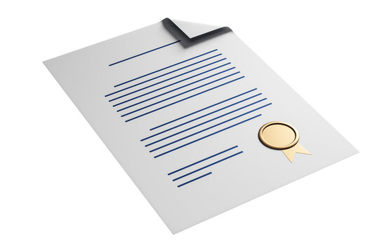 Certificate document with gold seal in clean rendering style on white background showing official document concept for design use 3D Rendering