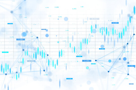 Financial chart with abstract blue candlesticks in digital style on light background, concept of market analysis, 3D Rendering