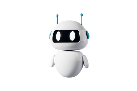 Cute small robot figure in smooth glossy style on white background as concept of artificial intelligence helper. 3D Rendering